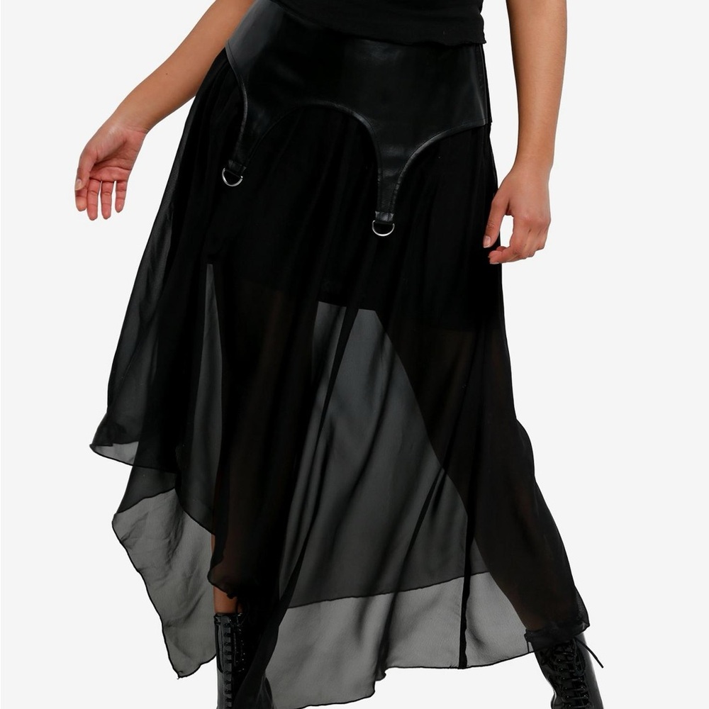 Faux leather & chiffon maxi Black Sheer Asymmetrical Skirt - hot topic